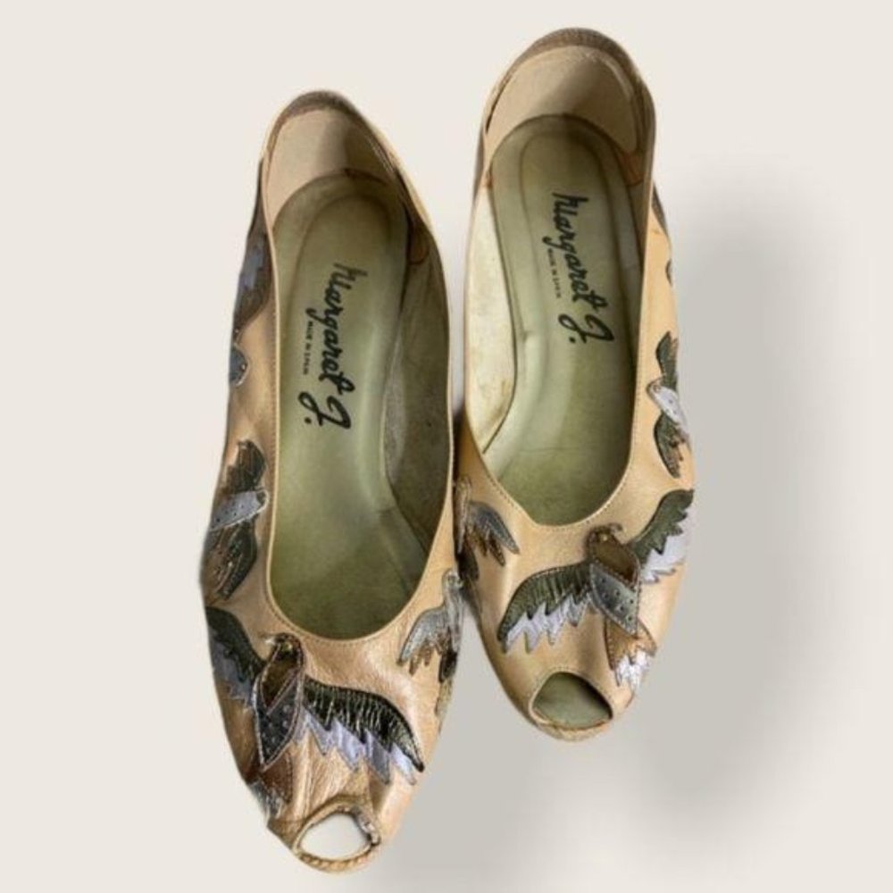 Vintage 80s Margaret J Peep Toe Wedge Bird Espadrilles 8.5